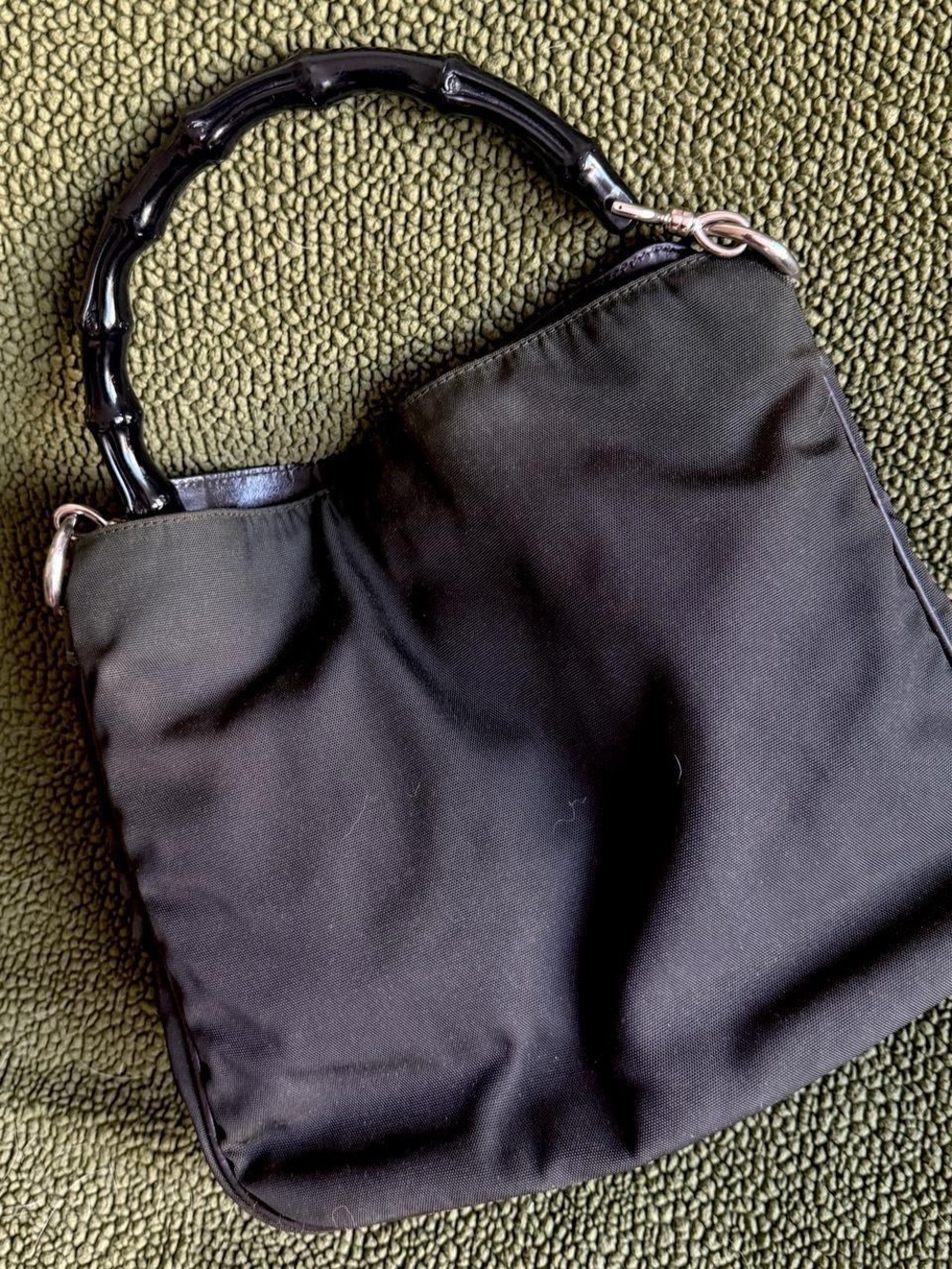 VINTAGE GUCCI Nylon Black Bamboo Handbag with Silver Hardware